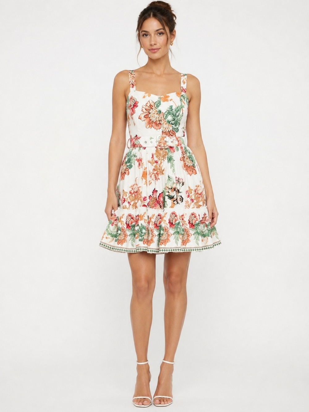 Caroline Constas Floral Belted Tiered Square-Neck Mini Dress Size L NWT